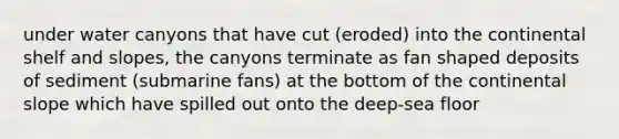 under water canyons that have cut (eroded) into the continental shelf and slopes, the canyons terminate as fan shaped deposits of sediment (submarine fans) at the bottom of the continental slope which have spilled out onto the deep-sea floor