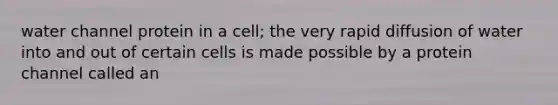 water channel protein in a cell; the very rapid diffusion of water into and out of certain cells is made possible by a protein channel called an