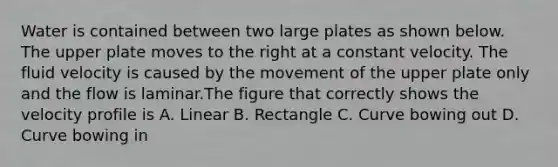 Water is contained between two large plates as shown below. The upper plate moves to the right at a constant velocity. The fluid velocity is caused by the movement of the upper plate only and the flow is laminar.The figure that correctly shows the velocity profile is A. Linear B. Rectangle C. Curve bowing out D. Curve bowing in