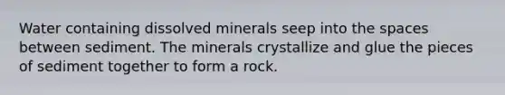 Water containing dissolved minerals seep into the spaces between sediment. The minerals crystallize and glue the pieces of sediment together to form a rock.