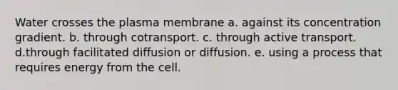 Water crosses the plasma membrane a. against its concentration gradient. b. through cotransport. c. through active transport. d.through facilitated diffusion or diffusion. e. using a process that requires energy from the cell.