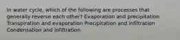 In water cycle, which of the following are processes that generally reverse each other? Evaporation and precipitation Transpiration and evaporation Precipitation and infiltration Condensation and infiltration