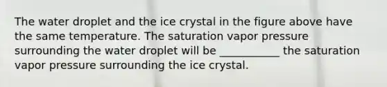 The water droplet and the ice crystal in the figure above have the same temperature. The saturation vapor pressure surrounding the water droplet will be ___________ the saturation vapor pressure surrounding the ice crystal.