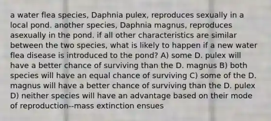 a water flea species, Daphnia pulex, reproduces sexually in a local pond. another species, Daphnia magnus, reproduces asexually in the pond. if all other characteristics are similar between the two species, what is likely to happen if a new water flea disease is introduced to the pond? A) some D. pulex will have a better chance of surviving than the D. magnus B) both species will have an equal chance of surviving C) some of the D. magnus will have a better chance of surviving than the D. pulex D) neither species will have an advantage based on their mode of reproduction--mass extinction ensues