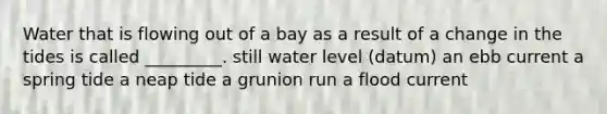 Water that is flowing out of a bay as a result of a change in the tides is called _________. still water level (datum) an ebb current a spring tide a neap tide a grunion run a flood current