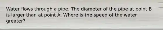 Water flows through a pipe. The diameter of the pipe at point B is larger than at point A. Where is the speed of the water greater?