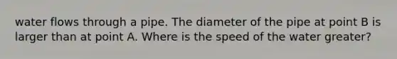 water flows through a pipe. The diameter of the pipe at point B is larger than at point A. Where is the speed of the water greater?