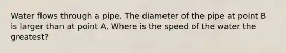 Water flows through a pipe. The diameter of the pipe at point B is larger than at point A. Where is the speed of the water the greatest?