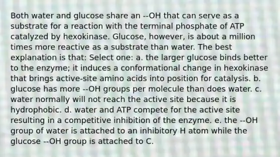 Both water and glucose share an --OH that can serve as a substrate for a reaction with the terminal phosphate of ATP catalyzed by hexokinase. Glucose, however, is about a million times more reactive as a substrate than water. The best explanation is that: Select one: a. the larger glucose binds better to the enzyme; it induces a conformational change in hexokinase that brings active-site amino acids into position for catalysis. b. glucose has more --OH groups per molecule than does water. c. water normally will not reach the active site because it is hydrophobic. d. water and ATP compete for the active site resulting in a competitive inhibition of the enzyme. e. the --OH group of water is attached to an inhibitory H atom while the glucose --OH group is attached to C.