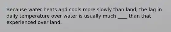 Because water heats and cools more slowly than land, the lag in daily temperature over water is usually much ____ than that experienced over land.