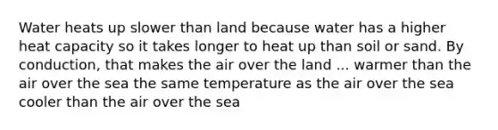 Water heats up slower than land because water has a higher heat capacity so it takes longer to heat up than soil or sand. By conduction, that makes the air over the land ... warmer than the air over the sea the same temperature as the air over the sea cooler than the air over the sea