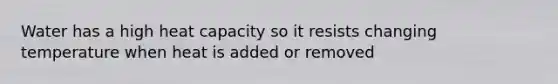 Water has a high heat capacity so it resists changing temperature when heat is added or removed