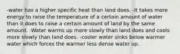 -water has a higher specific heat than land does. -It takes more energy to raise the temperature of a certain amount of water than it does to raise a certain amount of land by the same amount. -Water warms up more slowly than land does and cools more slowly than land does. -cooler water sinks below warmer water which forces the warmer less dense water up.