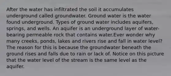 After the water has infiltrated the soil it accumulates underground called groundwater. Ground water is the water found underground. Types of ground water includes aquifers, springs, and wells. An aquifer is an underground layer of water-bearing permeable rock that contains water.Ever wonder why many creeks, ponds, lakes and rivers rise and fall in water level? The reason for this is because the groundwater beneath the ground rises and falls due to rain or lack of. Notice on this picture that the water level of the stream is the same level as the aquifer.