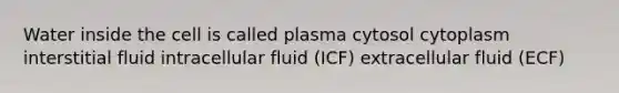 Water inside the cell is called plasma cytosol cytoplasm interstitial fluid intracellular fluid (ICF) extracellular fluid (ECF)