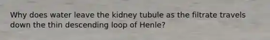 Why does water leave the kidney tubule as the filtrate travels down the thin descending loop of Henle?