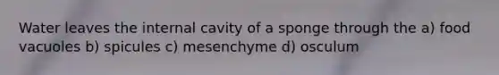 Water leaves the internal cavity of a sponge through the a) food vacuoles b) spicules c) mesenchyme d) osculum