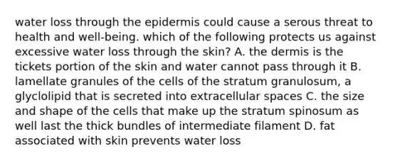 water loss through the epidermis could cause a serous threat to health and well-being. which of the following protects us against excessive water loss through the skin? A. the dermis is the tickets portion of the skin and water cannot pass through it B. lamellate granules of the cells of the stratum granulosum, a glyclolipid that is secreted into extracellular spaces C. the size and shape of the cells that make up the stratum spinosum as well last the thick bundles of intermediate filament D. fat associated with skin prevents water loss