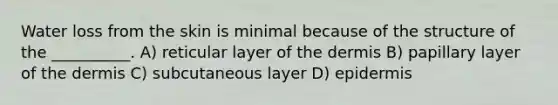 Water loss from the skin is minimal because of the structure of the __________. A) reticular layer of the dermis B) papillary layer of the dermis C) subcutaneous layer D) epidermis