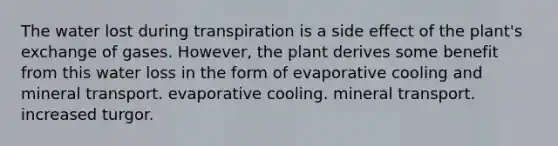 The water lost during transpiration is a side effect of the plant's exchange of gases. However, the plant derives some benefit from this water loss in the form of evaporative cooling and mineral transport. evaporative cooling. mineral transport. increased turgor.