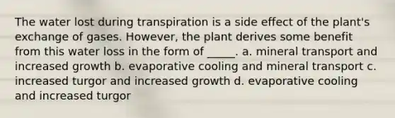 The water lost during transpiration is a side effect of the plant's exchange of gases. However, the plant derives some benefit from this water loss in the form of _____. a. mineral transport and increased growth b. evaporative cooling and mineral transport c. increased turgor and increased growth d. evaporative cooling and increased turgor