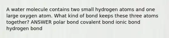 A water molecule contains two small hydrogen atoms and one large oxygen atom. What kind of bond keeps these three atoms together? ANSWER polar bond covalent bond ionic bond hydrogen bond