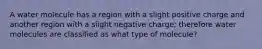 A water molecule has a region with a slight positive charge and another region with a slight negative charge; therefore water molecules are classified as what type of molecule?