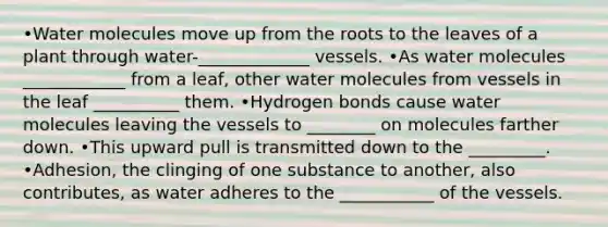 •Water molecules move up from the roots to the leaves of a plant through water-_____________ vessels. •As water molecules ____________ from a leaf, other water molecules from vessels in the leaf __________ them. •Hydrogen bonds cause water molecules leaving the vessels to ________ on molecules farther down. •This upward pull is transmitted down to the _________. •Adhesion, the clinging of one substance to another, also contributes, as water adheres to the ___________ of the vessels.