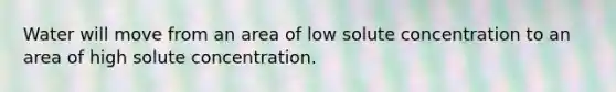 Water will move from an area of low solute concentration to an area of high solute concentration.