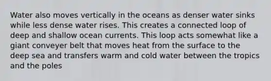 Water also moves vertically in the oceans as denser water sinks while less dense water rises. This creates a connected loop of deep and shallow ocean currents. This loop acts somewhat like a giant conveyer belt that moves heat from the surface to the deep sea and transfers warm and cold water between the tropics and the poles