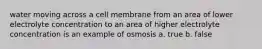 water moving across a cell membrane from an area of lower electrolyte concentration to an area of higher electrolyte concentration is an example of osmosis a. true b. false