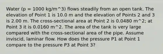 Water (p = 1000 kg/m^3) flows steadily from an open tank. The elevation of Point 1 is 10.0 m and the elevation of Points 2 and 3 is 2.00 m. The cross-sectional area at Point 2 is 0.0480 m^2; at Point 3 it is 0.0160 m^2. The area of the tank is very large compared with the cross-sectional area of the pipe. Assume inviscid, laminar flow. How does the pressure P1 at Point 1 compare to the pressure P3 at Point 3?