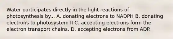 Water participates directly in the <a href='https://www.questionai.com/knowledge/kSUoWrrvoC-light-reactions' class='anchor-knowledge'>light reactions</a> of photosynthesis by... A. donating electrons to NADPH B. donating electrons to photosystem II C. accepting electrons form <a href='https://www.questionai.com/knowledge/k57oGBr0HP-the-electron-transport-chain' class='anchor-knowledge'>the electron transport chain</a>s. D. accepting electrons from ADP.