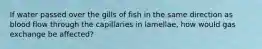 If water passed over the gills of fish in the same direction as blood flow through the capillaries in lamellae, how would gas exchange be affected?