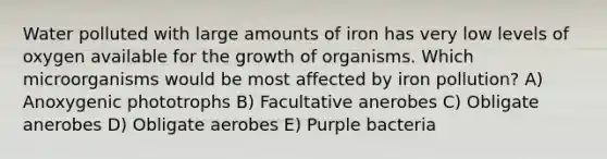 Water polluted with large amounts of iron has very low levels of oxygen available for the growth of organisms. Which microorganisms would be most affected by iron pollution? A) Anoxygenic phototrophs B) Facultative anerobes C) Obligate anerobes D) Obligate aerobes E) Purple bacteria