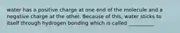 water has a positive charge at one end of the molecule and a negative charge at the other. Because of this, water sticks to itself through hydrogen bonding which is called __________