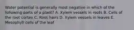 Water potential is generally most negative in which of the following parts of a plant? A. Xylem vessels in roots B. Cells of the root cortex C. Root hairs D. Xylem vessels in leaves E. Mesophyll cells of the leaf