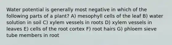 Water potential is generally most negative in which of the following parts of a plant? A) mesophyll cells of the leaf B) water solution in soil C) xylem vessels in roots D) xylem vessels in leaves E) cells of the root cortex F) root hairs G) phloem sieve tube members in root