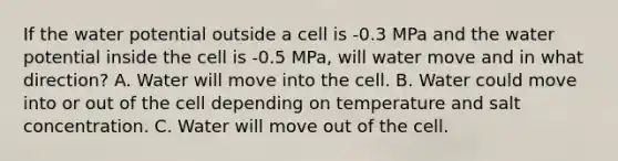 If the water potential outside a cell is -0.3 MPa and the water potential inside the cell is -0.5 MPa, will water move and in what direction? A. Water will move into the cell. B. Water could move into or out of the cell depending on temperature and salt concentration. C. Water will move out of the cell.