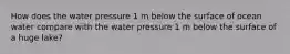 How does the water pressure 1 m below the surface of ocean water compare with the water pressure 1 m below the surface of a huge lake?