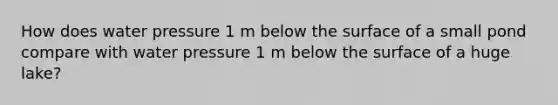 How does water pressure 1 m below the surface of a small pond compare with water pressure 1 m below the surface of a huge lake?