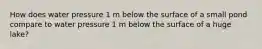 How does water pressure 1 m below the surface of a small pond compare to water pressure 1 m below the surface of a huge lake?