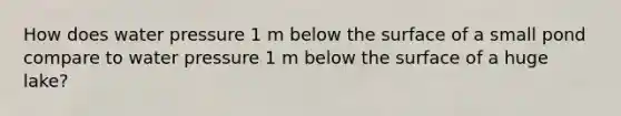 How does water pressure 1 m below the surface of a small pond compare to water pressure 1 m below the surface of a huge lake?