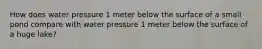 How does water pressure 1 meter below the surface of a small pond compare with water pressure 1 meter below the surface of a huge lake?