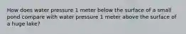 How does water pressure 1 meter below the surface of a small pond compare with water pressure 1 meter above the surface of a huge lake?