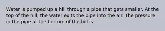 Water is pumped up a hill through a pipe that gets smaller. At the top of the hill, the water exits the pipe into the air. The pressure in the pipe at the bottom of the hill is