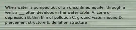 When water is pumped out of an unconfined aquifer through a well, a ___ often develops in the water table. A. cone of depression B. thin film of pollution C. ground-water mound D. piercement structure E. deflation structure