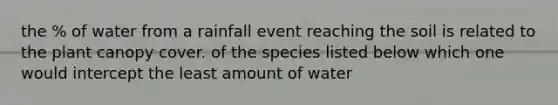 the % of water from a rainfall event reaching the soil is related to the plant canopy cover. of the species listed below which one would intercept the least amount of water