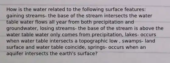 How is the water related to the following surface features: gaining streams- the base of the stream intersects the water table water flows all year from both precipitation and groundwater, losing streams- the base of the stream is above the water table water only comes from precipitation, lakes- occurs when water table intersects a topographic low , swamps- land surface and water table coincide, springs- occurs when an aquifer intersects the earth's surface?