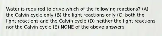 Water is required to drive which of the following reactions? (A) the Calvin cycle only (B) the light reactions only (C) both the light reactions and the Calvin cycle (D) neither the light reactions nor the Calvin cycle (E) NONE of the above answers